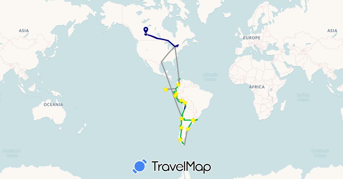 TravelMap itinerary: driving, bus, plane, cycling, train, hiking, boat, hitchhiking in Argentina, Bolivia, Canada, Chile, Colombia, Ecuador, Peru, United States, Uruguay (North America, South America)